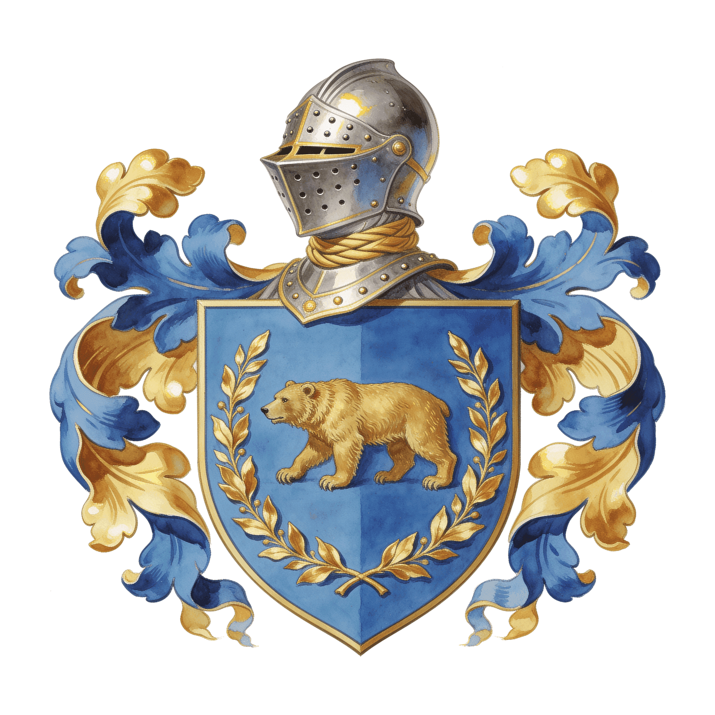Azure and gold family coat of arms with a bear passant within a laurel wreath, crowned by a knight's helm