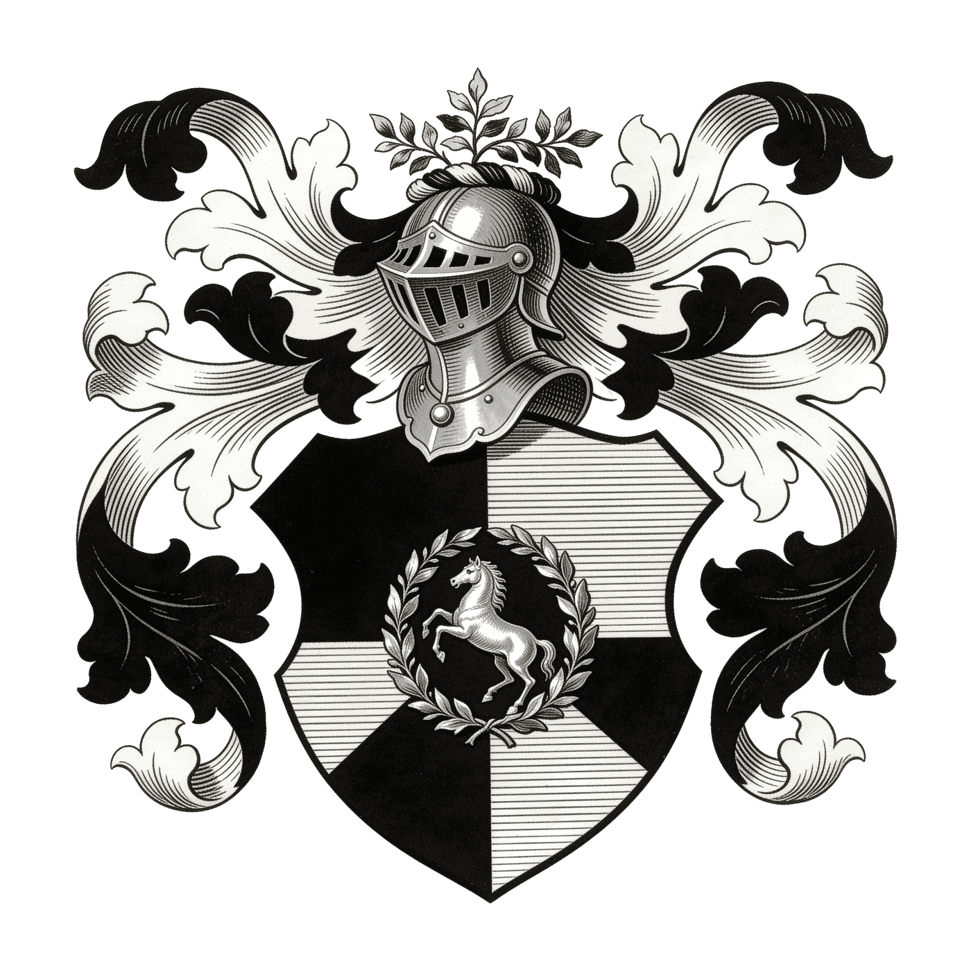 Black and white family coat of arms with a rampant horse in a laurel wreath beneath a knight's helm and mantling